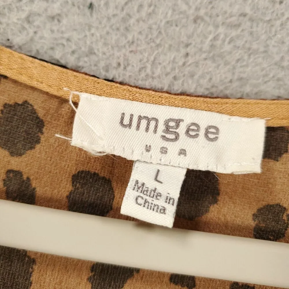 Umgee Blouse Womens Large Brown Linen Blend Raw Hem Cheetah Leopard Animal Print - Picture 5 of 10